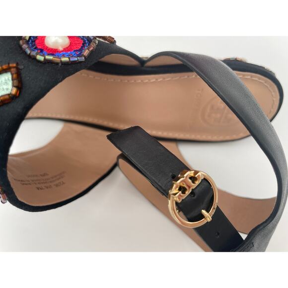 TORY BURCH BEADED BLACK WEDGE SANDALS ANKLE STRAP 7! - Picture 7 of 11
